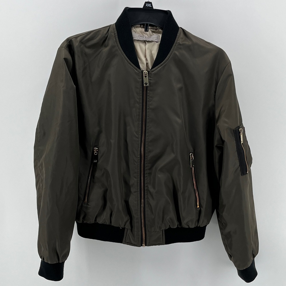 Zara Basic Womens Olive Green Bomber Jacket Full Zip Utility Pocket Small